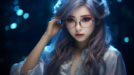 Fototapeta premium Portrait of a girl in glasses with blue hair. Neural network AI generated art