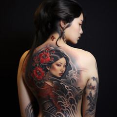 Asian woman with yakuza tattoo on back