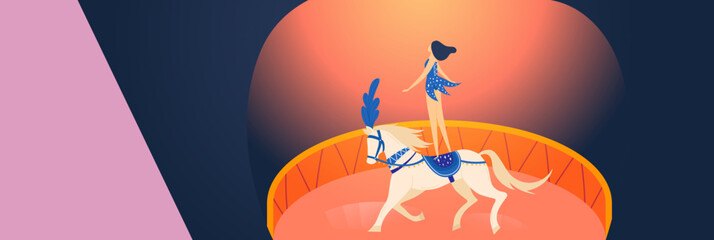 Female circus performer riding white horse in arena. Woman in show costume on galloping steed. Circus show, equestrian acrobatics vector illustration.