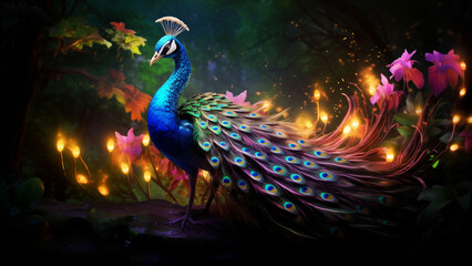 A vibrant peacock with stunning feathers among mystical forest flora with glowing lights