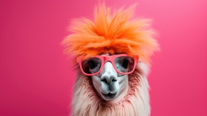 A llama wearing a vivid orange wig and fashionable sunglasses stands in a field.