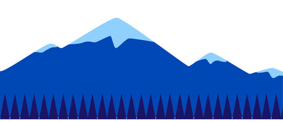 Blue mountain range with snow caps and pine forest at base. Nature landscape and tranquil scenery vector illustration.