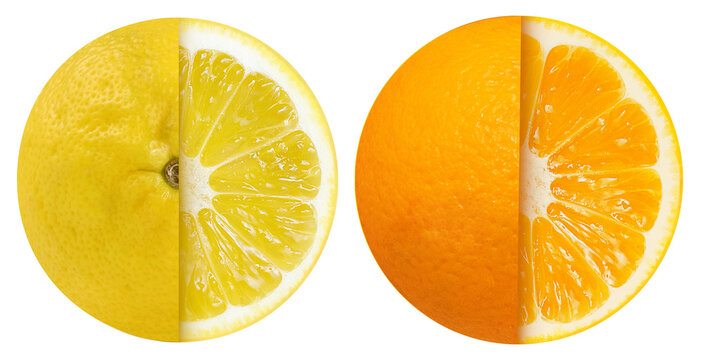 Lemon and orange on isolated white background. Cut in half - half in the peel, half cut