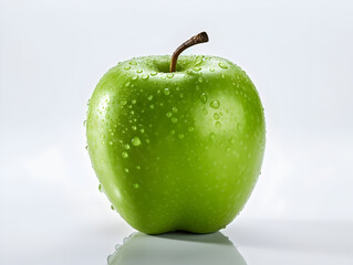 Fresh green apple fruit with water droplets on it in white background