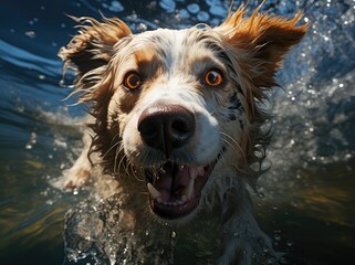 A majestic golden retriever, belonging to the sporting group, joyfully swims in the refreshing waters, its mouth open in pure excitement and happiness