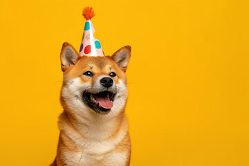 Happy cute shiba inu breed dog wearing decorative birthday hat, generative ai