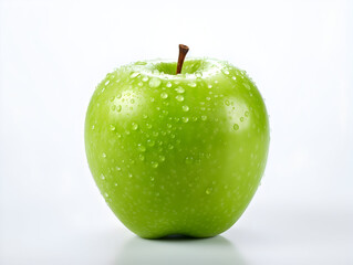 Fresh green apple fruit with water droplets on it in white background