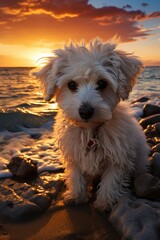 A furry, loyal companion dog of mixed breeds enjoys a serene sunset on the sandy beach, gazing at the clouds and feeling the warm ground beneath its paws
