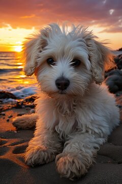 A playful pup basks in the warm embrace of the setting sun, as the sand tickles its fluffy coat on the peaceful beach