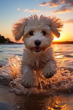 Amidst the vibrant hues of a sunset, a playful labradoodle puppy frolics in the shallow waters of the beach, embodying the carefree spirit of a curious and loving companion