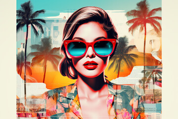 Stylish retro poster with beautiful young lady wearing sunglasses on summer background with newspapers, magazines and palm trees. Fashion pop art woman portrait illustration and collage