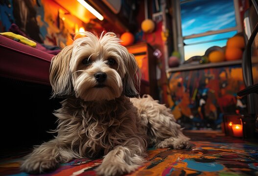 A fluffy labradoodle lounges contently on the living room floor, embodying the perfect blend of playful terrier and elegant poodle crossbreed