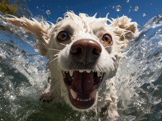 A majestic golden retriever joyfully glides through the glistening blue waters, its mouth open in a playful grin as it embraces its natural instincts as a water-loving mammal - obrazy, fototapety, plakaty