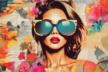 Stylish retro poster with beautiful young lady wearing sunglasses on summer background with newspapers, magazines and palm trees. Fashion pop art woman portrait illustration and collage