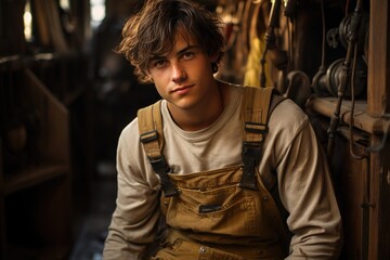A young boy wearing overalls sits in a sparsely decorated room, his human face exuding a mix of determination and vulnerability as he contemplates his place in the world