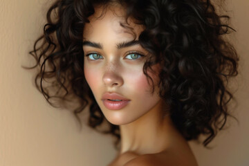 Naklejka premium Portrait of beautiful young woman with curly hair, natural make-up, generative ai