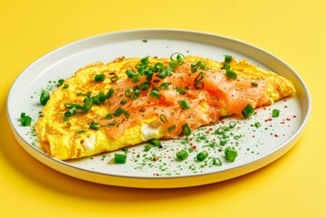 An omelet with salmon and fresh green onions. Light yellow color background. Close up.