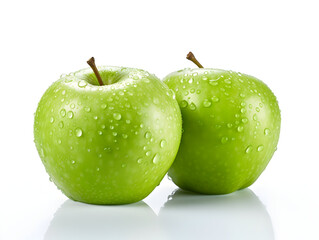 Fresh green apple fruit with water droplets on it in white background
