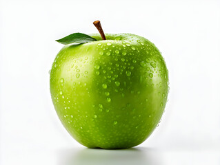 Fresh green apple fruit with water droplets on it in white background