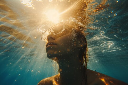 The underwater image of a woman swimming in the sea.