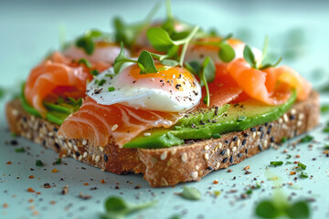  Sliced avocado on toasted bread, toppings like poached eggs and salmon. Light green background. 