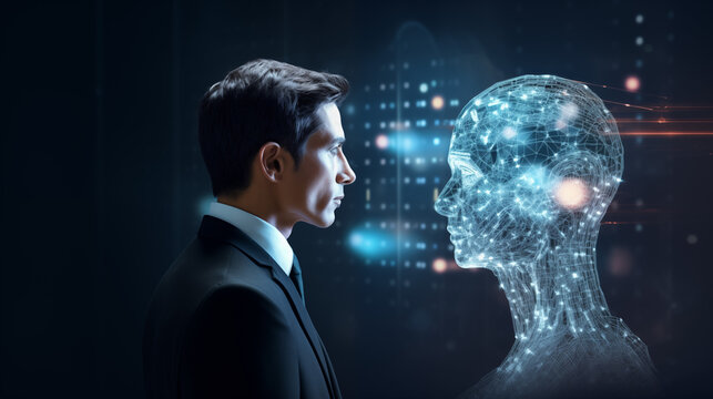 A man in a suit faces a sophisticated digital projection of a human brain, highlighting concepts of AI and machine learning.