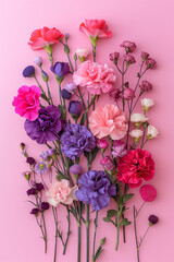Colorful spring composition made of carnations on a pink background