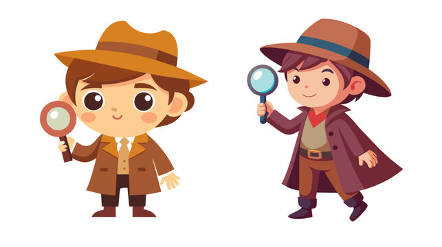 Cute cartoon children dressed as detectives with magnifying glasses