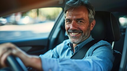 Mid adult man smiling while driving car and looking at mirror for reverse. Happy man feeling comfortable sitting on driver seat in his new car. - obrazy, fototapety, plakaty