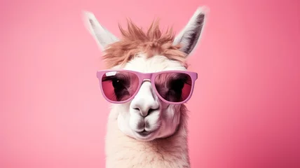 Foto op Canvas A llama wearing pink sunglasses poses against a vibrant pink background. © pham