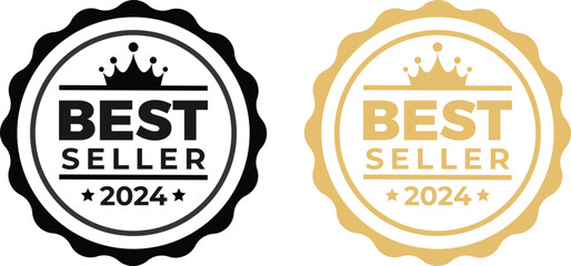 Best Seller 2024 or Gold Best Seller 2024 Label Vector. Preferred designs for best selling labels on products. As a logo for good selling with gold color design. Best Seller 2024 Vector. - obrazy, fototapety, plakaty