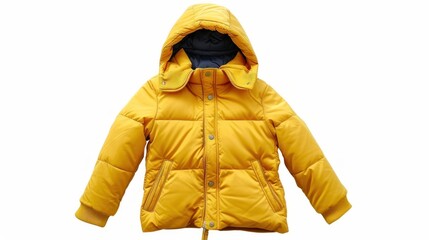 Children winter jacket. Stylish children yellow warm down jacket isolated on white background. Winter fashion - obrazy, fototapety, plakaty