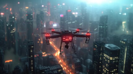 Dark drone in flight over the city