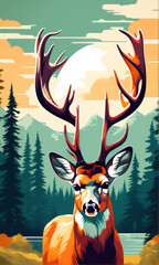Illustration of a deer on a background of mountains and nature.