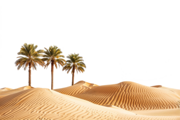 Desert Oasis and Dune Isolated On Transparent Background. PNG. An Oasis of Palm Trees Rising from the Golden Dunes, Isolated on a Transparent Backdrop