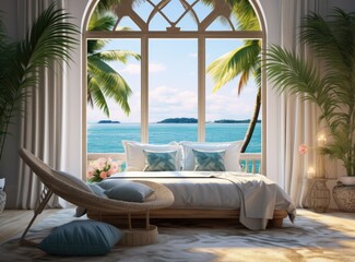 Fototapeta na wymiar a beach bedroom with a bed ocean blue