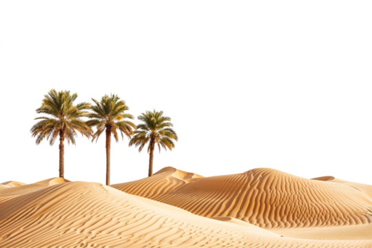 Desert Oasis and Dune Isolated On Transparent Background. PNG. An Oasis of Palm Trees Rising from the Golden Dunes, Isolated on a Transparent Backdrop