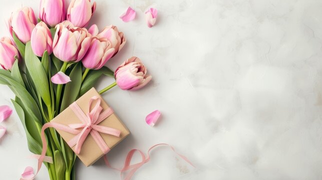 Chic Mother's Day Setting with Pink and White Tulips and a Crafted Gift Box on Marble
