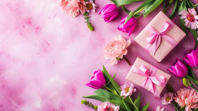 Elegant Mother's Day Background with Pink Tulips and Pastel Gift Boxes on a Textured Surface
