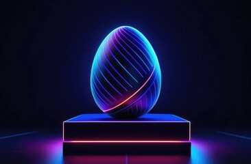 Easter blue egg in tech futuristic style. Glowing abstract 3d egg on dark blue neon background