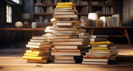 A stack of books is neatly arranged on top of a smooth wooden floor, providing a visually pleasing composition.