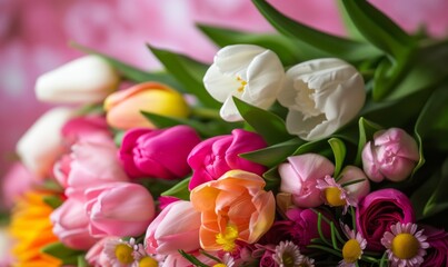 Vibrant Mother's Day Bouquet with Lush Tulips and Daisies on a Pink Background
