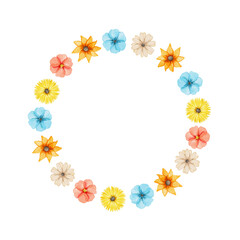Round floral frame with meadow bright flowers isolated on white background. Watercolor hand drawn illustration sketch