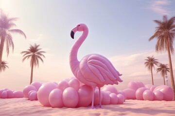 A large pink flamingo stands gracefully on the sandy beach, blending perfectly with its surroundings.