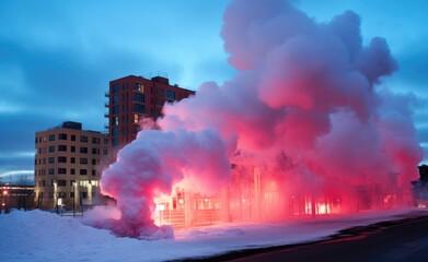 A commercial building releasing a substantial amount of smoke into the sky.