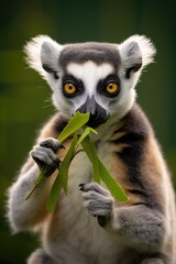 Obraz premium A close-up photograph of a lemura, a type of lemur, holding a plant in its hands.