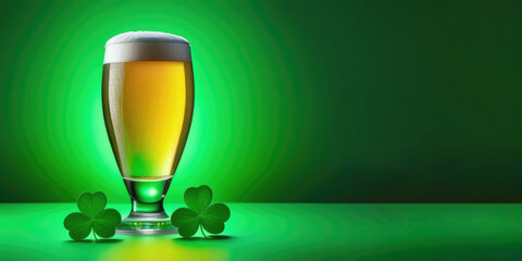 Beer glass with foam and clover leaves, banner on green background, shamrock leaf