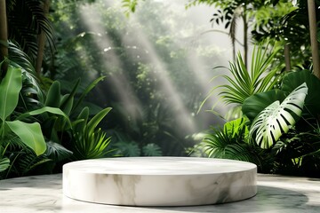 marble stone product display podium for cosmetic product presentation with green nature tropical garden background, 3d rendering style