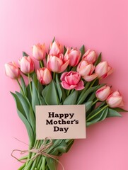 Charming Bouquet of Pink Tulips with a Festive Happy Mother's Day Card on a Soft Pink Background
