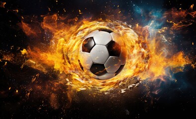 A soccer ball is engulfed in a blazing fireball, creating a striking and intense spectacle.